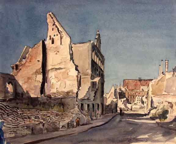 Wolfgang Lettl - Bäckergasse, Blick zum Predigerberg und zur Dominikanerkirche (1947), 35x44 cm